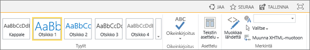 Näyttökuva SharePoint Onlinen valintanauhasta, jossa ovat Jaa-, Seuraa- ja Tallenna-ohjausobjektit.