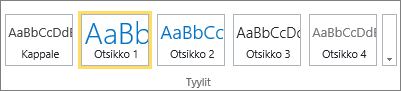 Näyttlkuva SharePoint Onlinen valintanauhan Tyylit-ryhmästä, jossa Otsikko 1 -tyyli on valittuna.