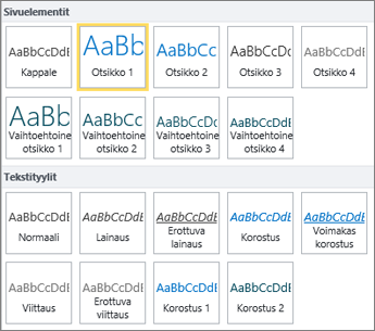 Näyttökuva sivuelementeistä ja tekstityyleistä, jotka ovat käytettävissä SharePoint Onlinen valintanauhan Tyylit-ryhmässä.