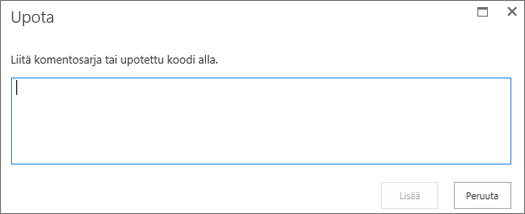 Näyttökuva SharePoint Onlinen Upota-valintaikkunasta, jossa voit liittää video- tai äänitiedostojen komentosarja- tai upotuskoodin ja lisätä sitten koodin.