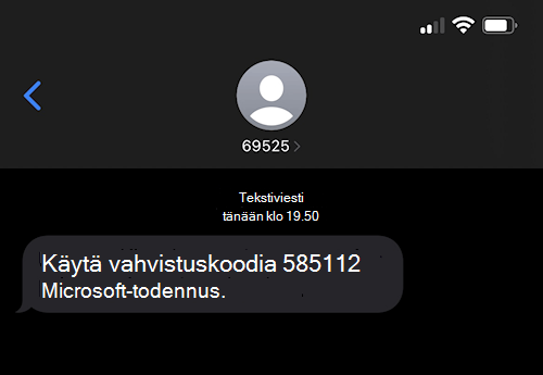 Näyttökuva, jossa näkyy Microsoftin tekstiviesti numeroitu 69525