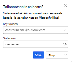 Näyttökuva, jossa näkyy valintaikkuna, jossa tarjotaan salasanan tallentamista