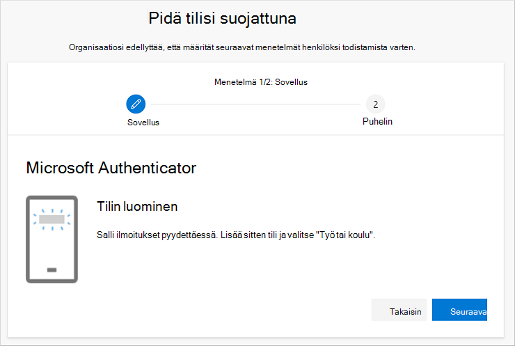 Pidä tilisi suojattuna ohjattu toiminto, jossa näkyy todentaja Määritä tilisi -sivu