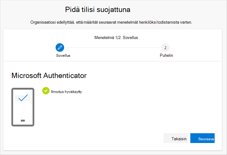 Onnistumisilmoitus, sovelluksen ja tilin yhdistäminen
