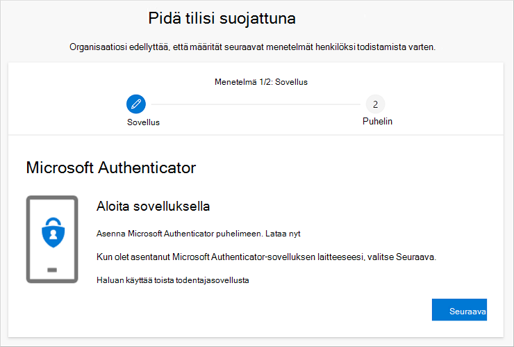 Pidä tilisi suojattuna ohjattu toiminto, jossa näkyy Authenticator-sovelluksen lataussivu