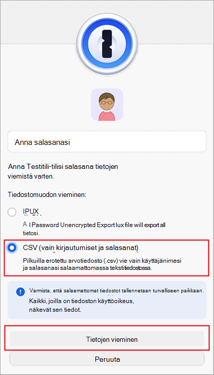 1Password-tiedoston vientivalintaikkuna.
