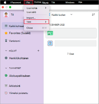 1Password-tiedoston Tiedosto-valikko.
