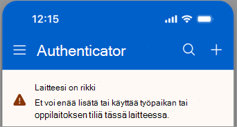 Näyttökuva, jossa näkyy työpaikan tai oppilaitoksen tili, joka on estetty microsoft authenticatorin iOS-laitteessa.