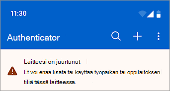 Näyttökuva, jossa näkyy työpaikan tai oppilaitoksen tili, joka on estetty juurtuneessa Android-laitteessa Microsoft Authenticatorissa.