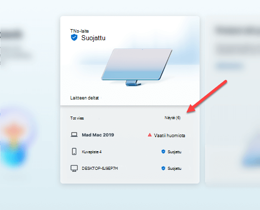 laitteen suojauskortti Microsoft Defender koontinäytön keskellä.