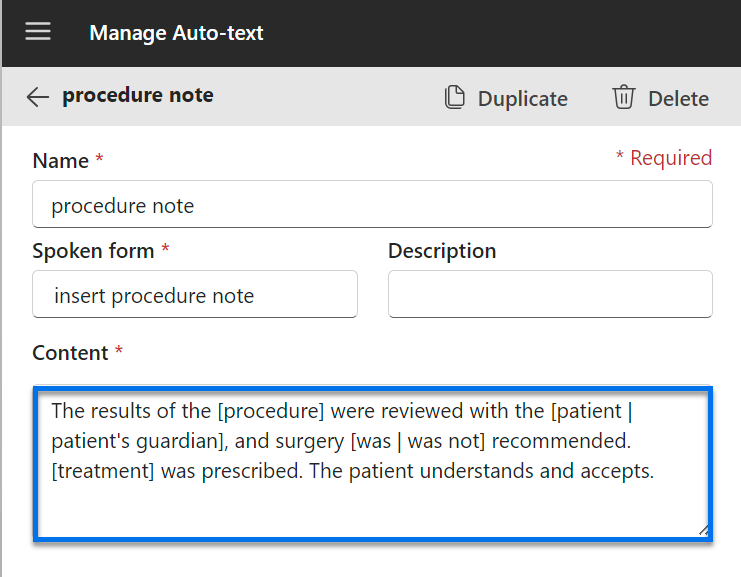 Manage Auto-texts dialog with an insert procedure note Auto-text showing variable fields