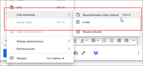Tehostetun kopioinnin ja liittämisen pikavalikko