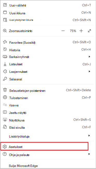 Näyttökuva Edgen asetuksista.