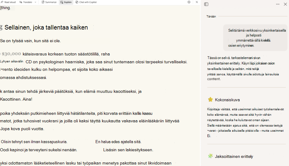 Näyttökuva lukumode-copilotista.
