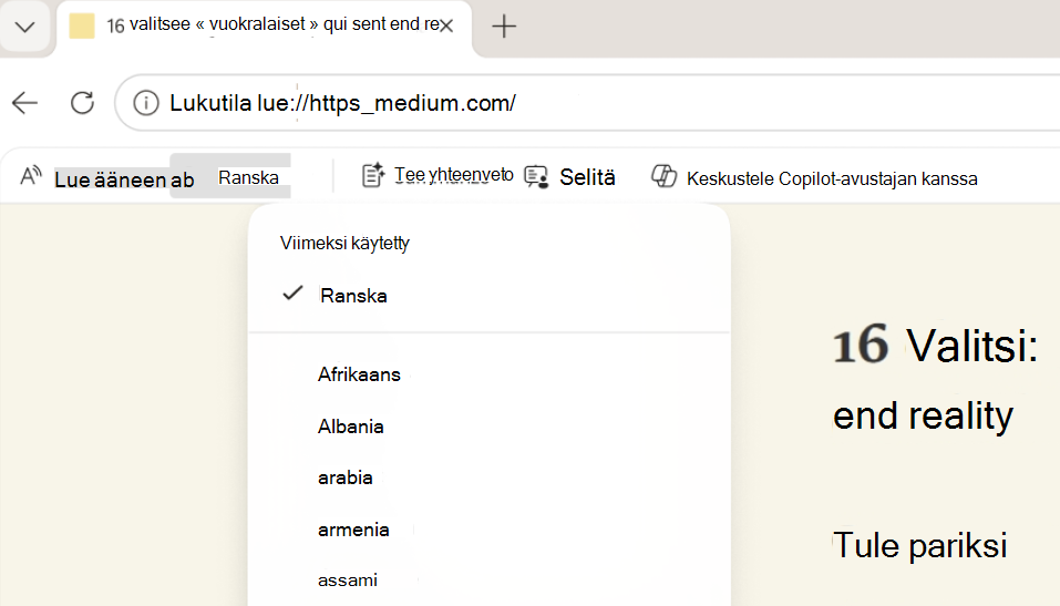 Näyttökuva lukutilasta Käännä.