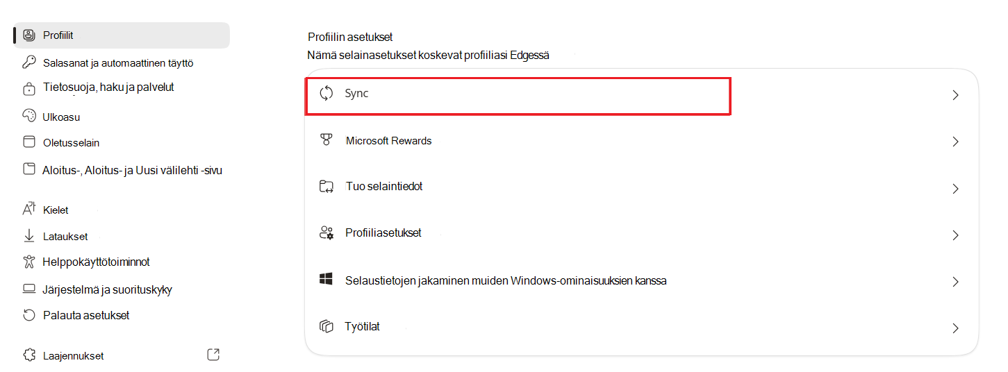 Näyttökuva Edgen synkronointiasetuksista.