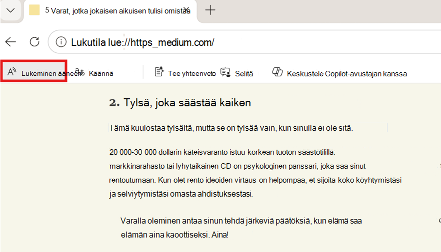 Näyttökuva ääneenluettavasta.