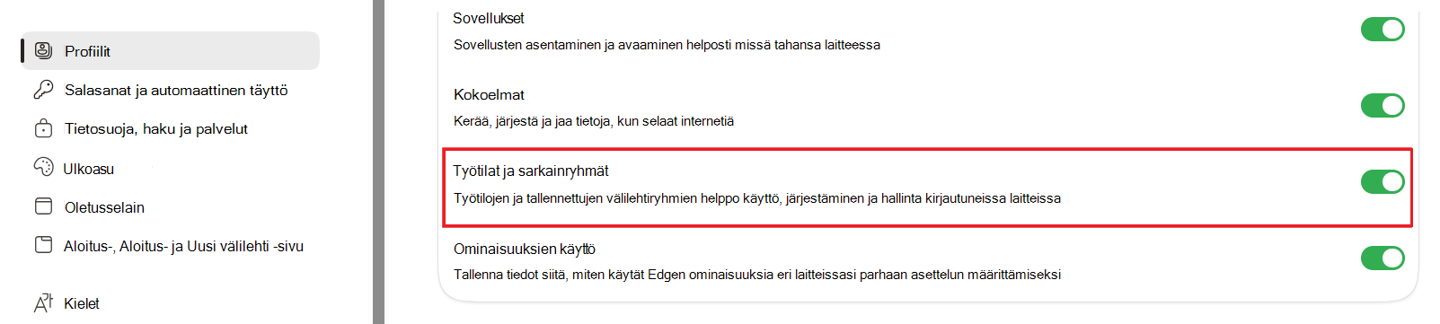 Näyttökuva Edgen asetuksissa olevista työtiloista ja välilehtiryhmistä.