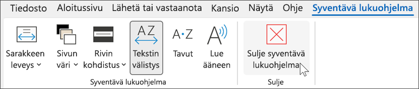 Syventävä lukutyökalu Outlookissa kohdistimen ollessa lähellä