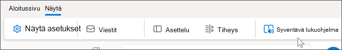 Näyttökuva Outlook webin yläreunasta, jossa näkymävälilehti on valittuna ja hiiri vie hiiren osoittimen syventävän lukuohjelman päälle