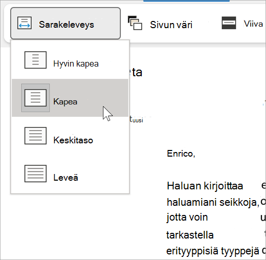 Näyttökuva Syventävän lukuohjelman avattavasta valikosta, josta voi säätää sarakkeen leveyttä. Valikosta löytyvät vaihtoehdot ovat erittäin kapea, kapea, keskitaso ja leveä