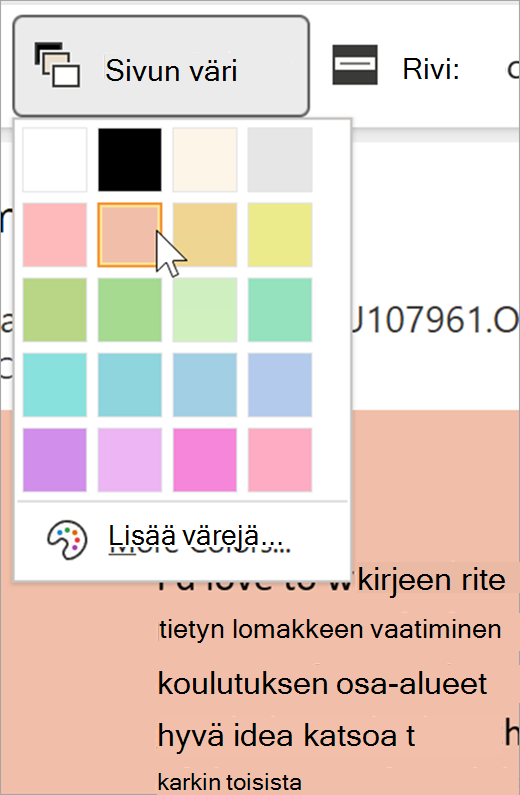 näyttökuva syventävän lukuohjelman avattavasta sivun värivalikosta. Näkyviin tulee värivalikoima ja avattavan valikon takana näkyvä tausta on pastelliappelsiini