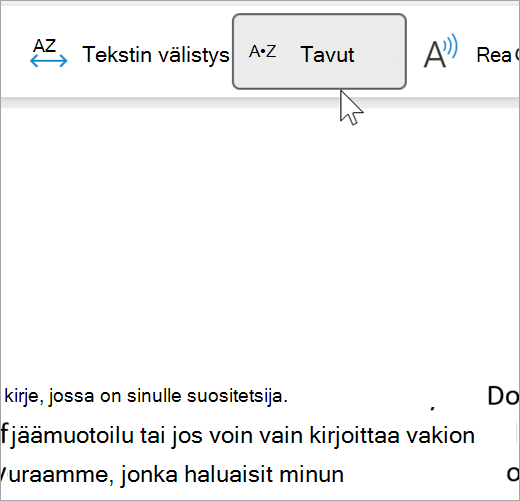 Näyttökuva syventävän lukuohjelman tavutettavasta ominaisuudesta valittuna ja näyttää muutaman sanan sähköpostiviestissä tavuiksi erotettuna. sana suositus näkyy suora piste om piste miehet piste da piste tion