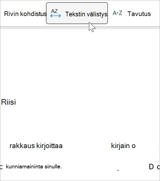 Näyttökuva Syventävän lukuohjelman tekstin välistysvaihtoehdosta, jolla kirjainten ja sanojen välinen etäisyys on suurempi