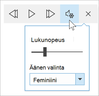 näyttökuva Syventävän lukuohjelman ääniasetusten työkalurivistä. Hiiri vie hiiren osoittimen asetusten päälle ja näyttää lukunopeuden vaihtopainikkeen ja avattavan valikon äänen valitsemista varten