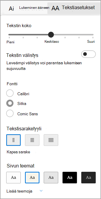 Microsoft Edgen Syventävä lukuohjelma tekstiasetukset.