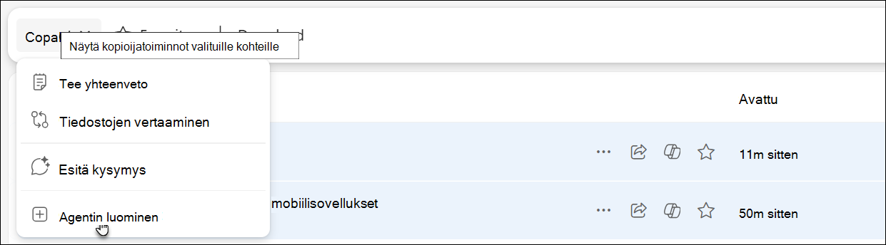 Näyttökuva, joka näyttää, miten agenttia voi käyttää ja luoda OneDrivessa.
