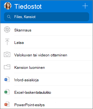 Näyttökuva iOS:n OneDrive-sovelluksen Lisää-valikosta