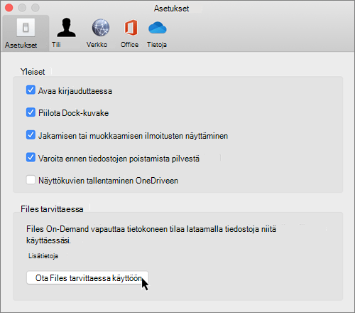 Näyttökuva Mac for OneDriven Tiedostot tarvittaessa -sovelluksen asetuksista