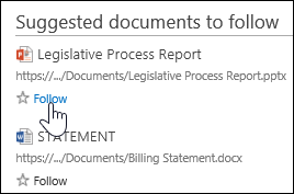 Lisää asiakirja Office 365:n seurattujen asiakirjojen luetteloon valitsemalla asiakirjan kohdalla Seuraa.