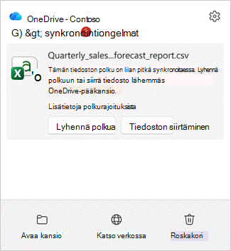 Näyttökuva, jossa OneDrive-toimintokeskuksessa on merkintöjä kohteelle, jonka polku on liian pitkä, sekä Lyhennä polkua ja Siirrä tiedosto -painikkeet.