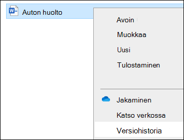 Resurssienhallinta-valikko, joka sisältää Versiohistoria-vaihtoehdon.
