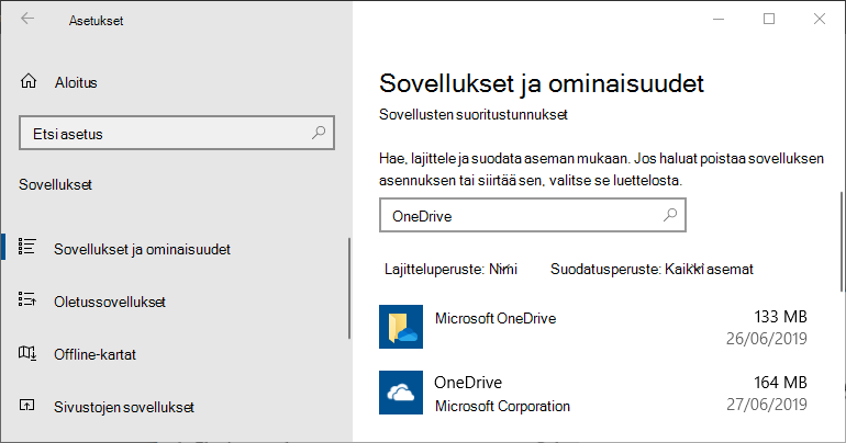 Windowsin OneDriven sovellusasetukset