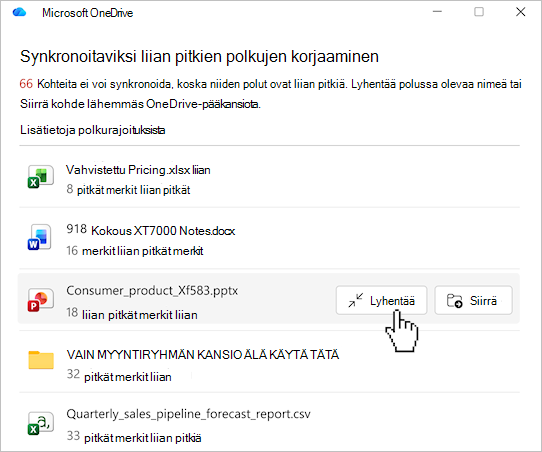 Näyttökuva, jossa näkyy OneDrive-tiedostopolkujen luettelo.