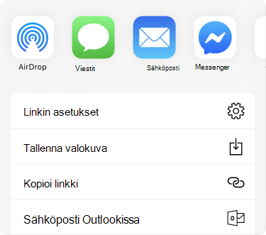 Jakamisvalikko ja sovellukset yläosassa ja luettelo jakovaihtoehdoista niiden alla.