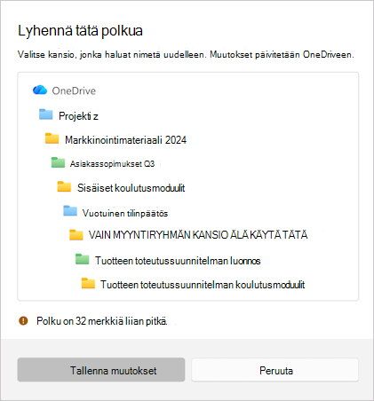 Näyttökuva, jossa näkyy valitun tiedostonimen lyhentämistä koskeva viesti.