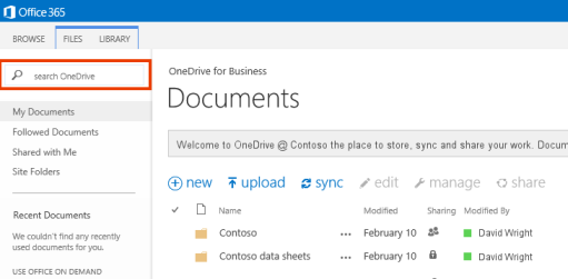Näyttökuva OneDrive-kyselyruudusta Office 365:ssä.