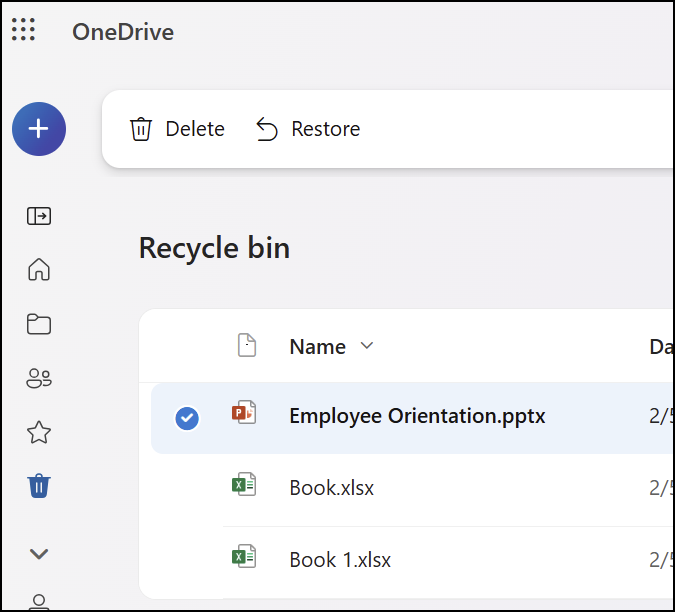 Näyttökuva, jossa näkyy Roskakori-välilehti OneDrive.com-sivustossa.