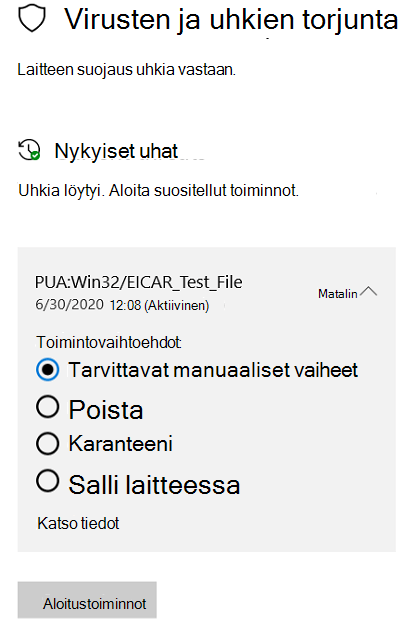 Toimenpiteet, jotka voit tehdä, kun Windowsin suojaus on havainnut mahdollisesti ei-toivotun sovelluksen