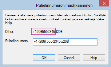 Lyncin Muokkaa puhelinnumeroa -valintaikkuna, jossa numeroon on lisätty alanumero