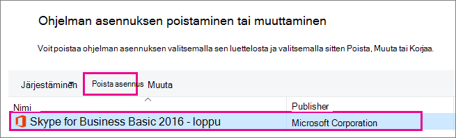 Valitse ohjauspaneelissa Poista ohjelmien asennuksia, ja valitse sitten Skype for Business