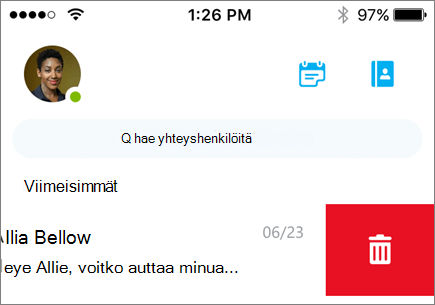 Näyttökuva keskustelun poistamisesta Skype for Business for iOS:ssä.