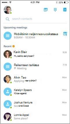 Skype for Business for iOS:n aloitusnäyttö