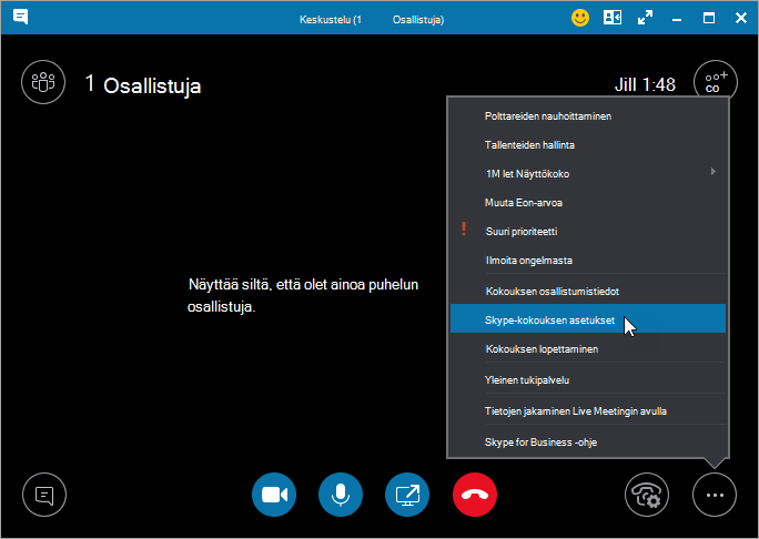 Valintaikkuna, jossa Kokouksen asetukset -vaihtoehto näkyy korostettuna