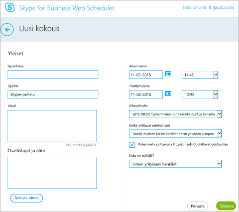 Web Scheduler -näyttö, jossa annetaan kokouksen tiedot ja lisätään kutsuttavat henkilöt