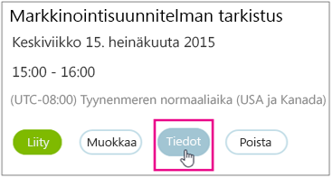 Kokouksen tiedot, jossa Tiedot-painike korostettuna